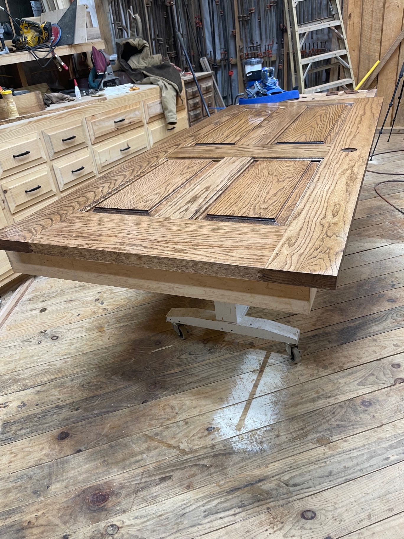 Custom four-panel interior door on the assembly bench in the Customs By Shelton shop